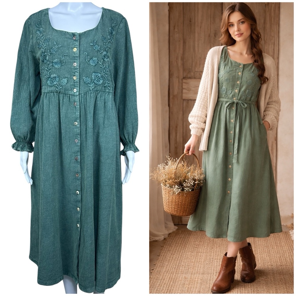 April Cornell Modern Prairie Embroidered Midi Dress Large Cottagecore Artisan